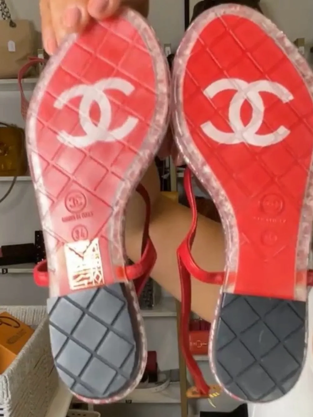 CHANEL Red Tweed Slingback Sandals with Crystal Detail